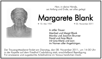 Traueranzeige von Margarete Blank von Pegnitz-Zeitung